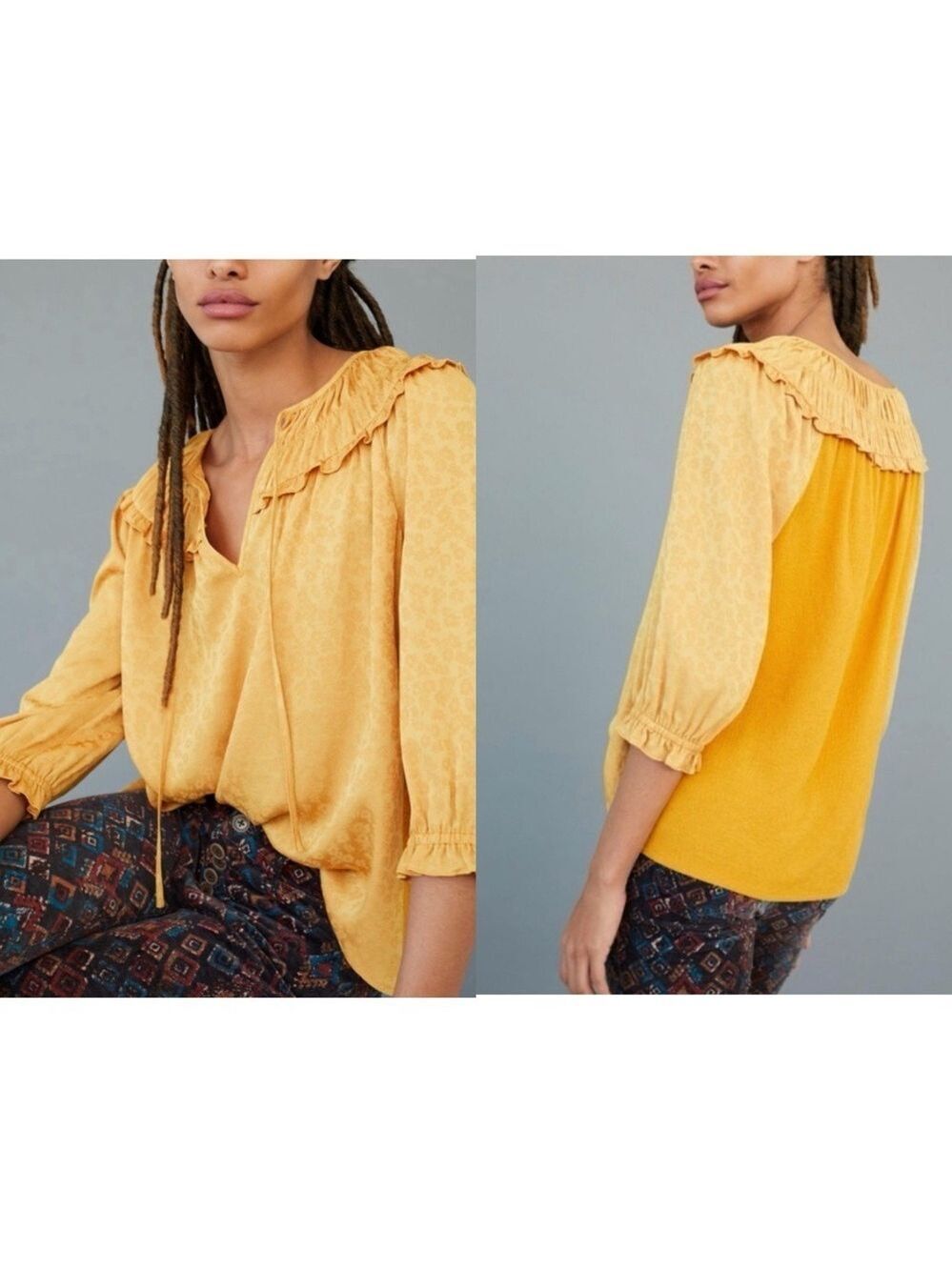Anthropologie Current Air Ruffle Collar Southwark Shirred Top Sz S Gold Boho